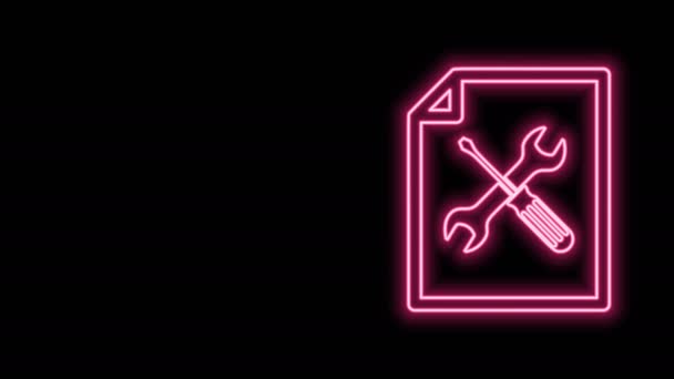 Świecąca neonowa linia Plik ze śrubokrętem i ikoną klucza odizolowany na czarnym tle. Regulacja, serwis, ustawienie, konserwacja, naprawa, naprawa. 4K Animacja graficzna ruchu wideo — Wideo stockowe