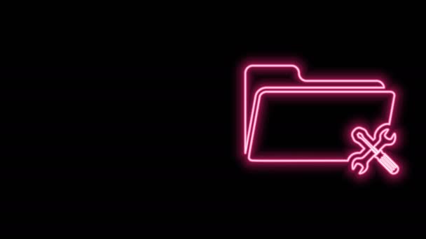 Linha de neon brilhante Pasta com chave de fenda e ícone chave isolada no fundo preto. Ajuste, serviço, configuração, manutenção, reparação, fixação. Animação gráfica em movimento de vídeo 4K — Vídeo de Stock