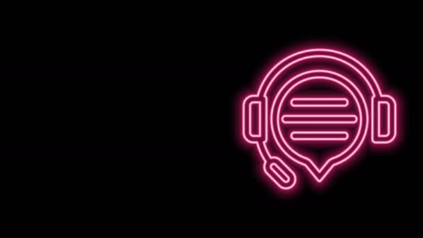 Gloeiende neon lijn Koptelefoon met spraakbel chat pictogram geïsoleerd op zwarte achtergrond. Ondersteuning klantenservice, hotline, call center, faq, onderhoud. 4K Video motion grafische animatie — Stockvideo