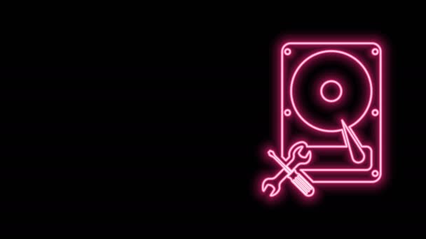 Glödande neon line Hårddisk med skruvmejsel och skiftnyckel isolerad på svart bakgrund. Justering, service, inställning, underhåll, reparation, fixering. 4K Video motion grafisk animation — Stockvideo