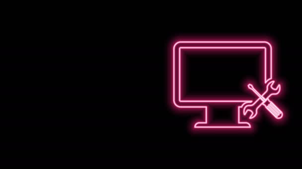 Glowing neon line Computer monitor with screwdriver and wrench icon isolated on black background. Adjusting, service, setting, maintenance, repair, fixing. 4K Video motion graphic animation — Stock Video
