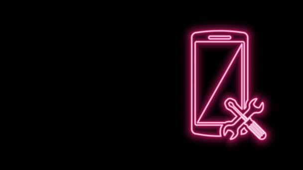 Glowing neon line Smartphone with screwdriver and wrench icon isolated on black background. Adjusting, service, setting, maintenance, repair, fixing. 4K Video motion graphic animation — Stock Video