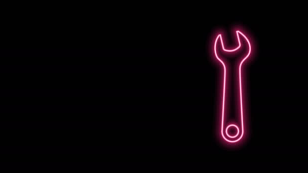 Ragyogó neon vonal Wrench ikon elszigetelt fekete háttérrel. Spanner szerszám. Szervizeszköz szimbólum. 4K Videó mozgás grafikus animáció — Stock videók