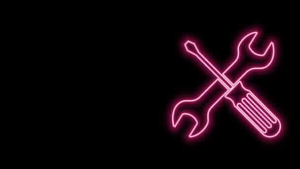 Glödande neon line Crossed skruvmejsel och skiftnyckel verktyg ikon isolerad på svart bakgrund. Tjänsteverktygets symbol. 4K Video motion grafisk animation — Stockvideo