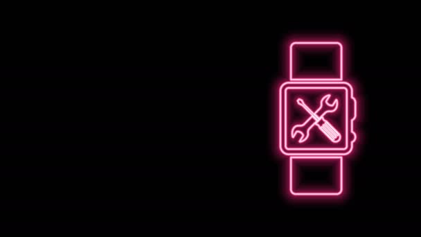 Leuchtende Neon Line Smartwatch mit Schraubendreher und Schraubenschlüssel-Symbol isoliert auf schwarzem Hintergrund. Anpassung, Service, Einstellung, Wartung, Reparatur, Reparatur. 4K Video Motion Grafik Animation — Stockvideo