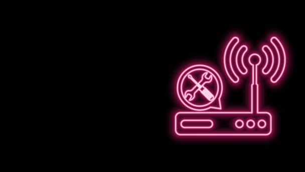 Glødende neon linje Router wi-fi med skruetrækker og skruenøgle ikon isoleret på sort baggrund. Justering, service, indstilling, vedligeholdelse, reparation, fastsættelse. 4K Video bevægelse grafisk animation – Stock-video