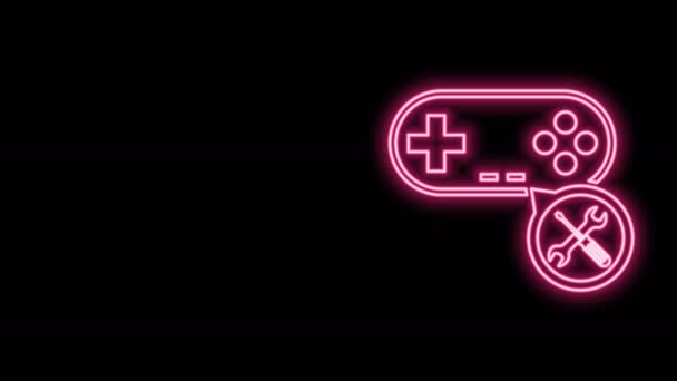 Glowing neon line Gamepad dengan obeng dan ikon kunci pas terisolasi pada latar belakang hitam. Penyesuaian, pelayanan, pengaturan, pemeliharaan, perbaikan, perbaikan. Animasi grafis gerak Video 4K — Stok Video