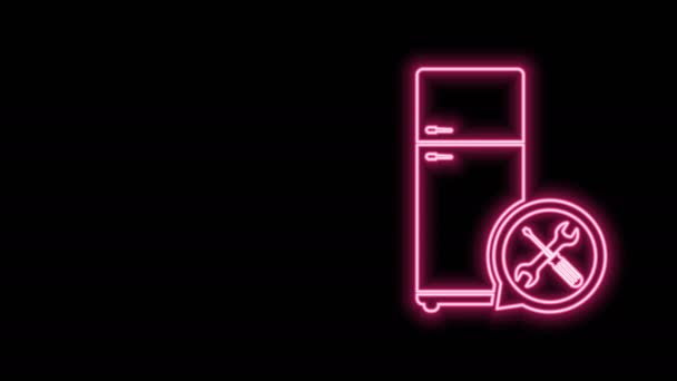 Leuchtender neonfarbener Kühlschrank mit Schraubenzieher und Schraubenschlüssel-Symbol isoliert auf schwarzem Hintergrund. Anpassung, Service, Einstellung, Wartung, Reparatur, Reparatur. 4K Video Motion Grafik Animation — Stockvideo