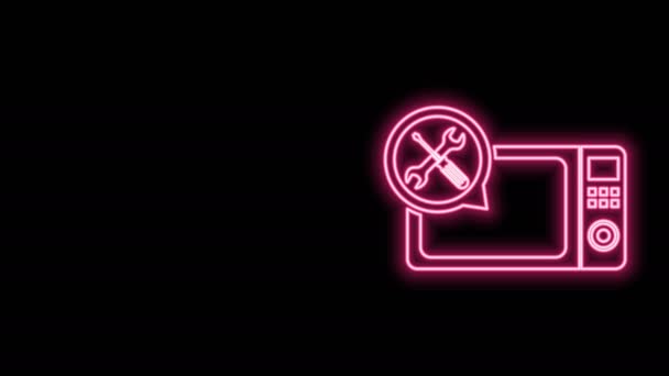 Светящаяся неоновая линия Микроволновая печь с отверткой и иконкой гаечного ключа изолированы на черном фоне. Регулировка, обслуживание, настройка, обслуживание, ремонт, фиксация. Видеографическая анимация 4K — стоковое видео