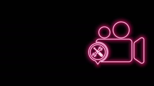 Glödande neon line Videokamera med skruvmejsel och skiftnyckel ikon isolerad på svart bakgrund. Justering, service, inställning, underhåll, reparation, fixering. 4K Video motion grafisk animation — Stockvideo
