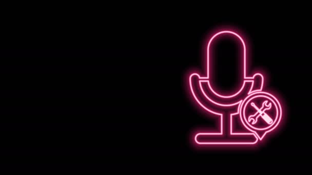 Linea neon luminosa Microfono con cacciavite e chiave a icona isolato su sfondo nero. Regolazione, assistenza, regolazione, manutenzione, riparazione, fissaggio. Animazione grafica 4K Video motion — Video Stock