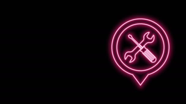 Glowing neon line Location with crossed screwdriver and wrench tools icon isolated on black background. Pointer settings symbol. 4K Video motion graphic animation — Stock Video