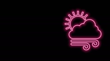 Parlayan neon hattı. Rüzgarlı hava ikonu siyah arkaplanda izole edildi. Güneşli ve rüzgarlı bir bulut. 4K Video hareketli grafik canlandırması