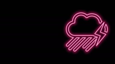 Siyah zemin üzerinde yağmur ve yıldırım simgesi olan parlayan neon hattı. Yağmur damlalı yağmur bulutu yağışı. Fırtına ikonu. 4K Video hareketli grafik canlandırması