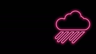 Siyah zemin üzerinde yağmur ikonu olan parlak neon çizgisi. Yağmur damlaları ile yağmur bulutu yağışı. 4K Video hareketli grafik canlandırması