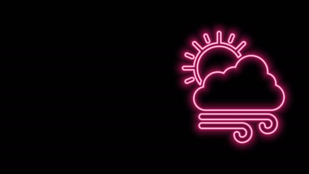Leuchtende Leuchtschrift Windiges Wettersymbol isoliert auf schwarzem Hintergrund. Wolken mit Sonne und Wind. 4K Video Motion Grafik Animation — Stockvideo