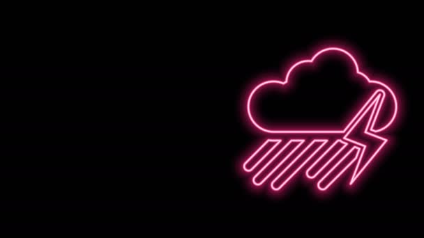 Zářící neonová čára Mrak s ikonou deště a blesku izolované na černém pozadí. Déšť mrak srážky s kapkami deště.Počasí ikona bouře. Grafická animace pohybu videa 4K — Stock video