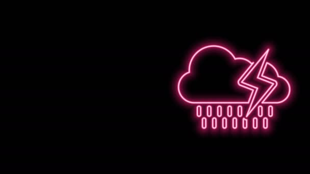 Linea neon luminosa Nuvola con icona pioggia e fulmini isolata su sfondo nero. Pioggia precipitazioni nuvolose con gocce di pioggia.Meteo icona della tempesta. Animazione grafica 4K Video motion — Video Stock
