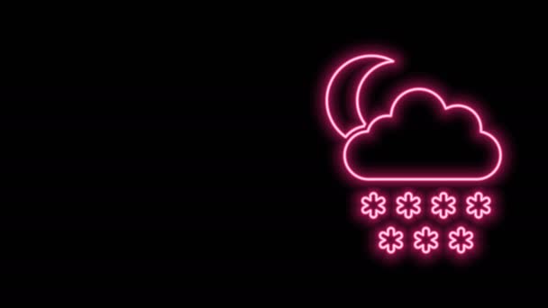Leuchtende Neon-Linie Wolke mit Schnee und Mond-Symbol isoliert auf schwarzem Hintergrund. Wolke mit Schneeflocken. Ein Wettersymbol. Schneeschild. 4K Video Motion Grafik Animation — Stockvideo