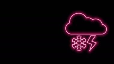 Siyah zemin üzerinde kar ve yıldırım simgesi olan parlak neon çizgisi. Kar taneli bulut. Tek hava ikonu. Kar tabelası. 4K Video hareketli grafik canlandırması