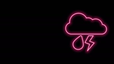 Siyah zemin üzerinde yağmur ve yıldırım simgesi olan parlayan neon hattı. Yağmur damlalı yağmur bulutu yağışı. Fırtına ikonu. 4K Video hareketli grafik canlandırması