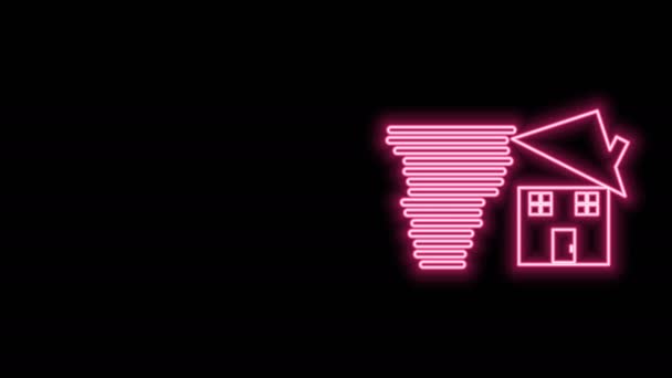Glowing neon line Tornado swirl damages house roof icon isolated on black background. Cyclone, whirlwind, storm funnel, hurricane wind icon. 4K Video motion graphic animation — Stock Video