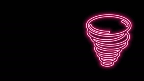 Ragyogó neon vonal Tornádó ikon elszigetelt fekete háttérrel. Ciklon, forgószél, vihar tölcsér, hurrikán szél vagy forgószél ikon. 4K Videó mozgás grafikus animáció — Stock videók
