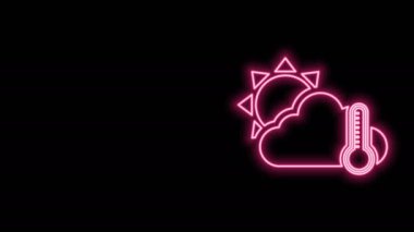 Parlak neon çizgisi termometre ve bulutlu güneş ikonu siyah arkaplanda izole edilmiş. 4K Video hareketli grafik canlandırması