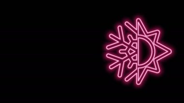 Parlayan neon hattı Sıcak ve soğuk sembol. Siyah zemin üzerinde izole edilmiş güneş ve kar tanesi simgesi. Kış ve yaz sembolü. 4K Video hareketli grafik canlandırması