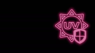 Parlayan neon hattı UV koruma simgesi siyah arkaplanda izole edildi. Güneş ve kalkan. Ultra menekşe ışınları radyasyon. SPF güneş işareti. 4K Video hareketli grafik canlandırması