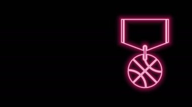 Siyah arka planda izole edilmiş kurdele ikonu olan parlak neon çizgili basketbol madalyası. 4K Video hareketli grafik canlandırması