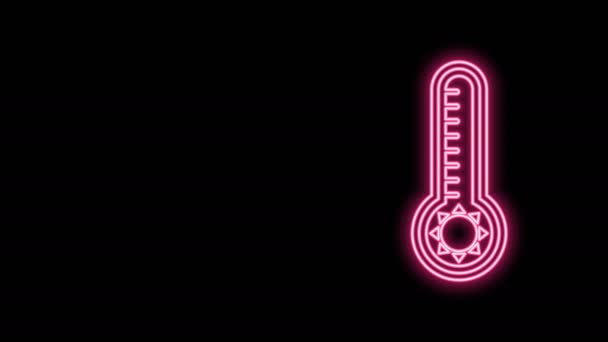 Gloeiende neon lijn Meteorologie thermometer meten warmte en koude pictogram geïsoleerd op zwarte achtergrond. Thermometer apparatuur toont warm of koud weer. 4K Video motion grafische animatie — Stockvideo