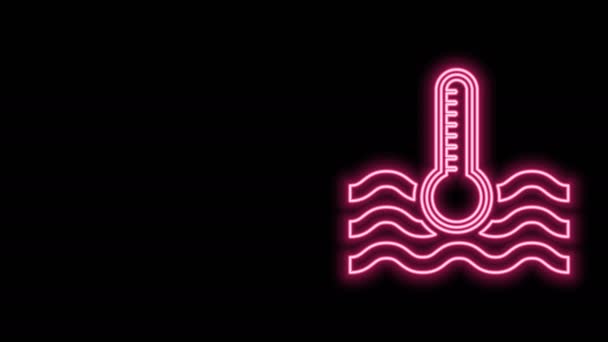 Świecąca linia neonowa Termometr wodny do pomiaru ciepła i zimnej ikony izolowany na czarnym tle. Urządzenia termometryczne pokazujące gorącą lub zimną pogodę. 4K Animacja graficzna ruchu wideo — Wideo stockowe