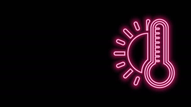 Termometro fluorescente della linea neon con icona solare isolata su sfondo nero. Animazione grafica 4K Video motion — Video Stock