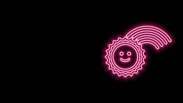 Gloeiende neon lijn Rainbow met zon pictogram geïsoleerd op zwarte achtergrond. 4K Video motion grafische animatie — Stockvideo