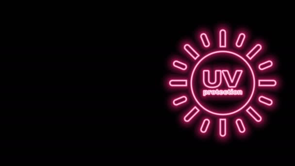 Világító neon vonal UV védelem ikon elszigetelt fekete alapon. Az ultraibolya sugárzás. SPF napjelző. 4K Videó mozgás grafikus animáció