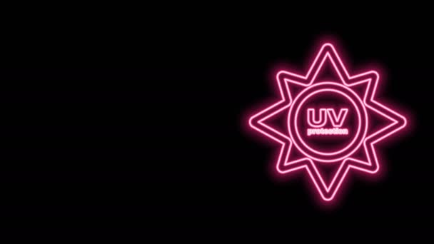 Glödande neon linje UV-skydd ikon isolerad på svart bakgrund. Ultraviolett strålning. SPF-solskylt. 4K Video motion grafisk animation — Stockvideo