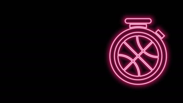 Gloeiende neon lijn Stopwatch met basketbal binnen pictogram geïsoleerd op zwarte achtergrond. Basketbal tijd. Sport en opleiding. 4K Video motion grafische animatie — Stockvideo