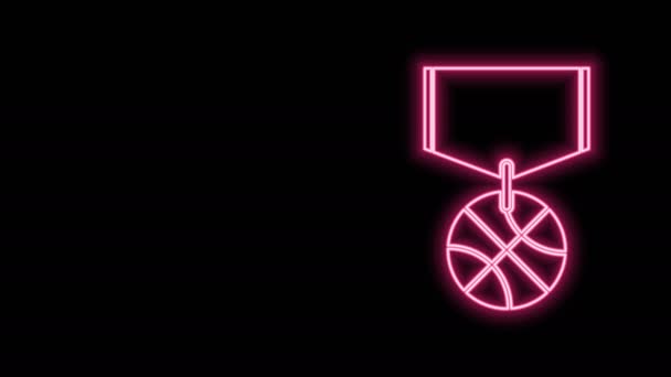 Linha de néon brilhante Medalha de basquete com ícone de fita isolado no fundo preto. Animação gráfica em movimento de vídeo 4K — Vídeo de Stock