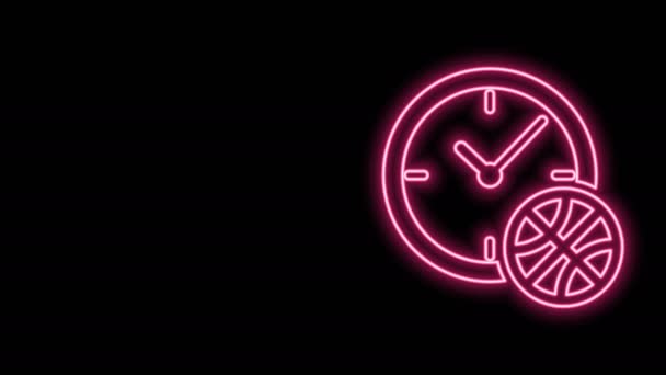 Gloeiende neon lijn Klok met basketbal binnenkant pictogram geïsoleerd op zwarte achtergrond. Basketbal tijd. Sport en opleiding. 4K Video motion grafische animatie — Stockvideo