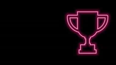 Parlayan neon hattı ödüllü kupa simgesi siyah arkaplanda izole edildi. Galibiyet ödülü sembolü. Şampiyonluk ya da yarışma kupası. Spor başarısı. 4K Video hareketli grafik canlandırması
