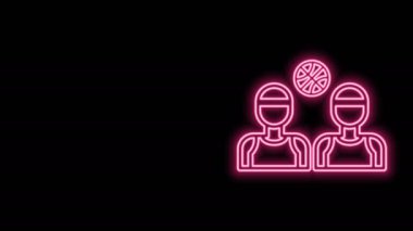Parlayan neon hattı basketbol oyuncuları simgesi siyah arkaplanda izole edildi. 4K Video hareketli grafik canlandırması