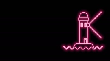 Parlayan neon hattı deniz feneri simgesi siyah arkaplanda izole edildi. 4K Video hareketli grafik canlandırması