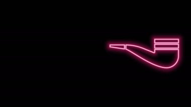 Parlayan neon hattı siyah arka planda izole edilmiş duman simgesi olan sigara piposu. Tütün piposu. 4K Video hareketli grafik canlandırması