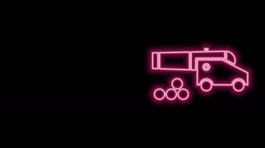 Siyah zemin üzerinde top gülleleri simgesi olan parlak neon hattı topu. Ortaçağ silahları. 4K Video hareketli grafik canlandırması