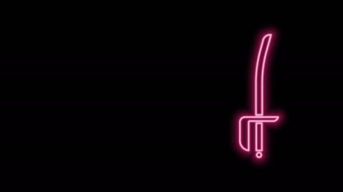 Parlayan neon hattı Korsan kılıcı simgesi siyah arkaplanda izole edildi. Kılıç işareti. 4K Video hareketli grafik canlandırması