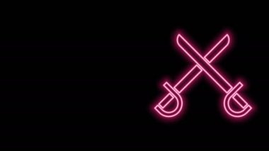 Parlayan neon hattı çapraz korsan kılıcı simgesi siyah arka planda izole edildi. Kılıç işareti. 4K Video hareketli grafik canlandırması