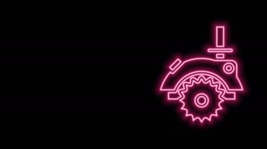 Siyah arka planda izole edilmiş çelik dişli disk simgesi ile parlayan neon çizgisi elektrikli testere. Tahta ya da metal kesmek için elektrikli el aleti. 4K Video hareketli grafik canlandırması