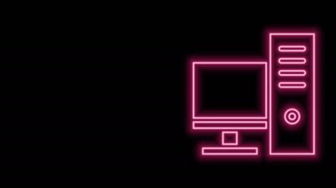 Parlayan neon hattı bilgisayar monitörü simgesi siyah arkaplanda izole edildi. Bilgisayar bileşeni işareti. 4K Video hareketli grafik canlandırması