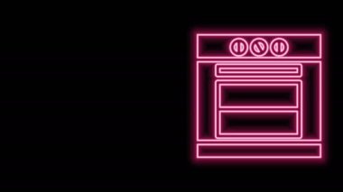 Parlayan neon hattı fırın simgesi siyah arkaplanda izole edildi. Fırın tabelası. 4K Video hareketli grafik canlandırması